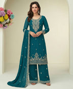 KC Aqua Blue Georgette Heavy Embroidered Fancy Suit For Women | Grocsy