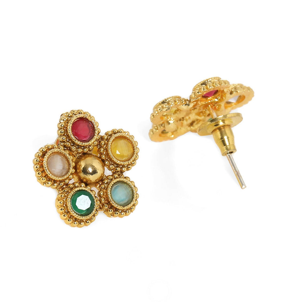 Multi Colored Stone in Gold Choker with Earrings (Multi Color) - Ruby Raang | Grocsy