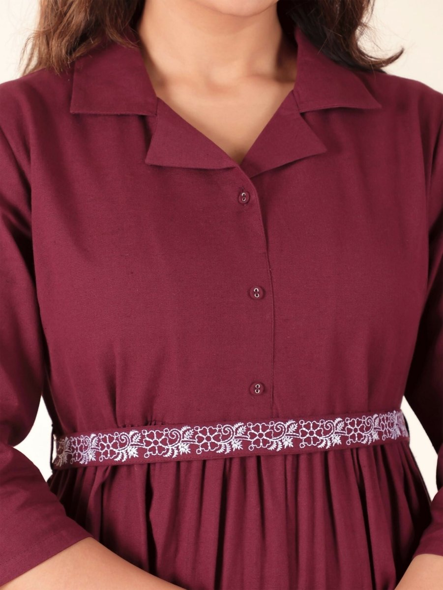 Aramya Maroon Linen Cotton Solid Print A-line Kurta Set for Women | Grocsy