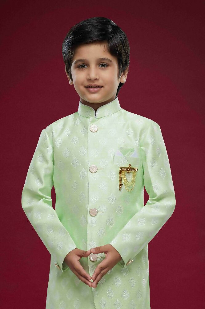 Raivat Ethnic Kids Banarasi Jacquard Woven Work Semi Indo Western Set Pista Green Colour | Grocsy