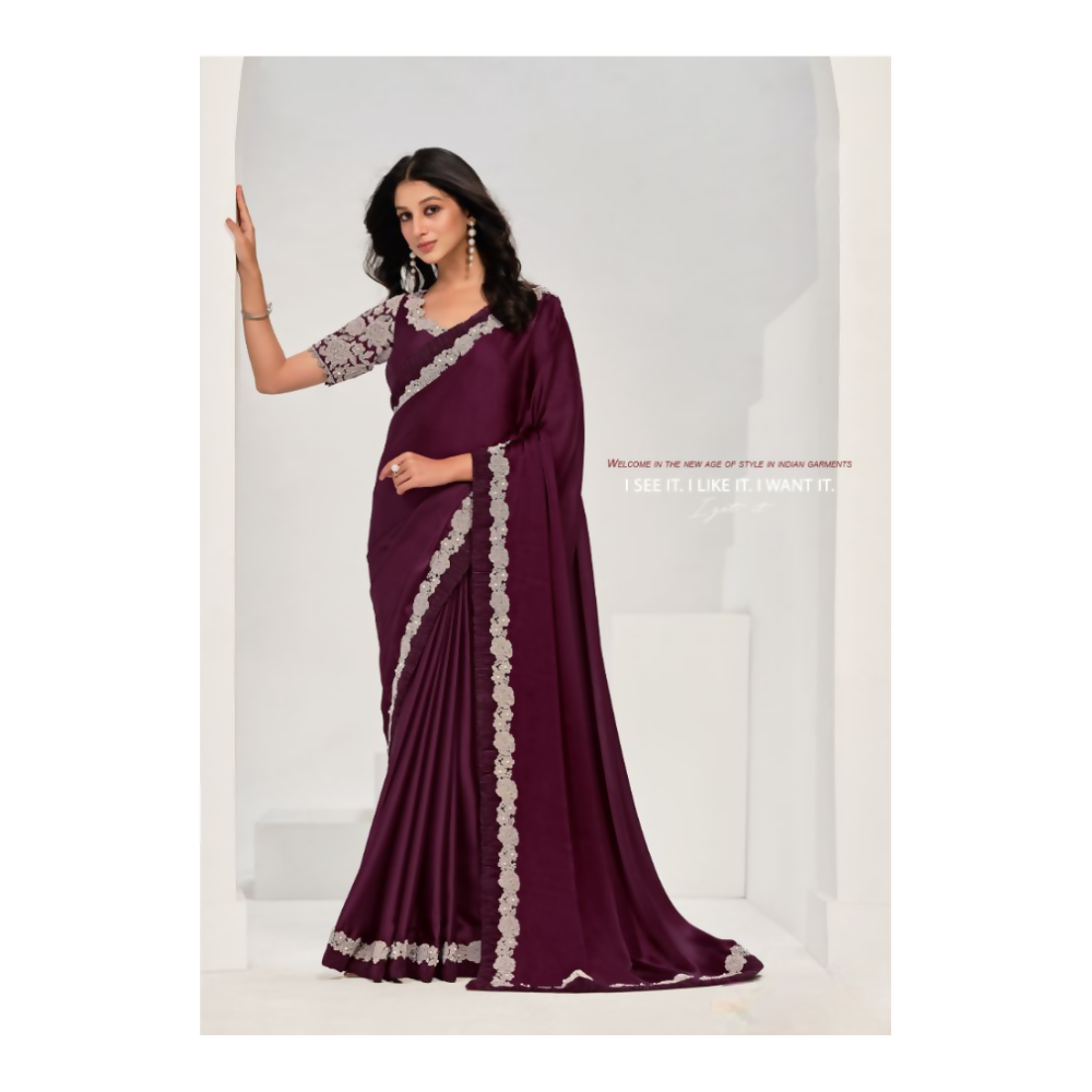 Wine Crepe Satin Silk Handwork Saree with Unstitched Blouse Piece - Norita Saanjh | Grocsy