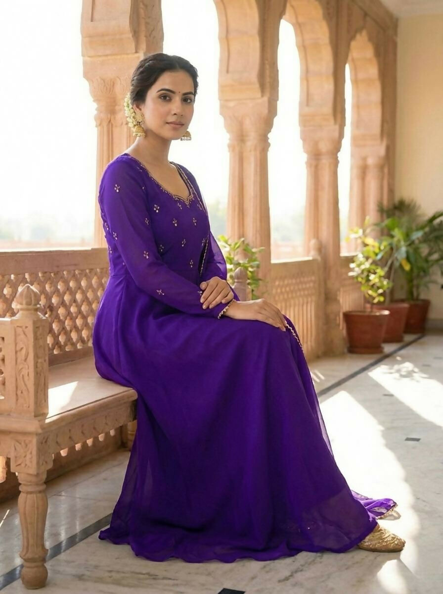 Teeya Creation Womens New Fancy Fox Georgette Heavy Quality Fabricw With Handwork Purple Gown Set | Grocsy