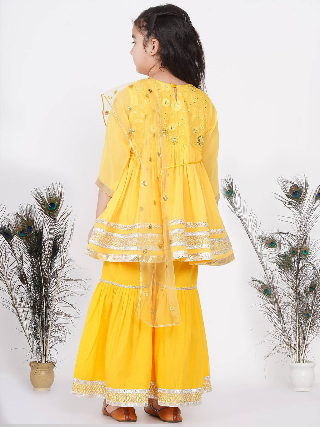 Little Bansi Girls Cotton Gotta Patti Kurta frock with Sharara & Dupatta - Yellow | Grocsy