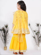 Little Bansi Girls Cotton Gotta Patti Kurta frock with Sharara & Dupatta - Yellow | Grocsy