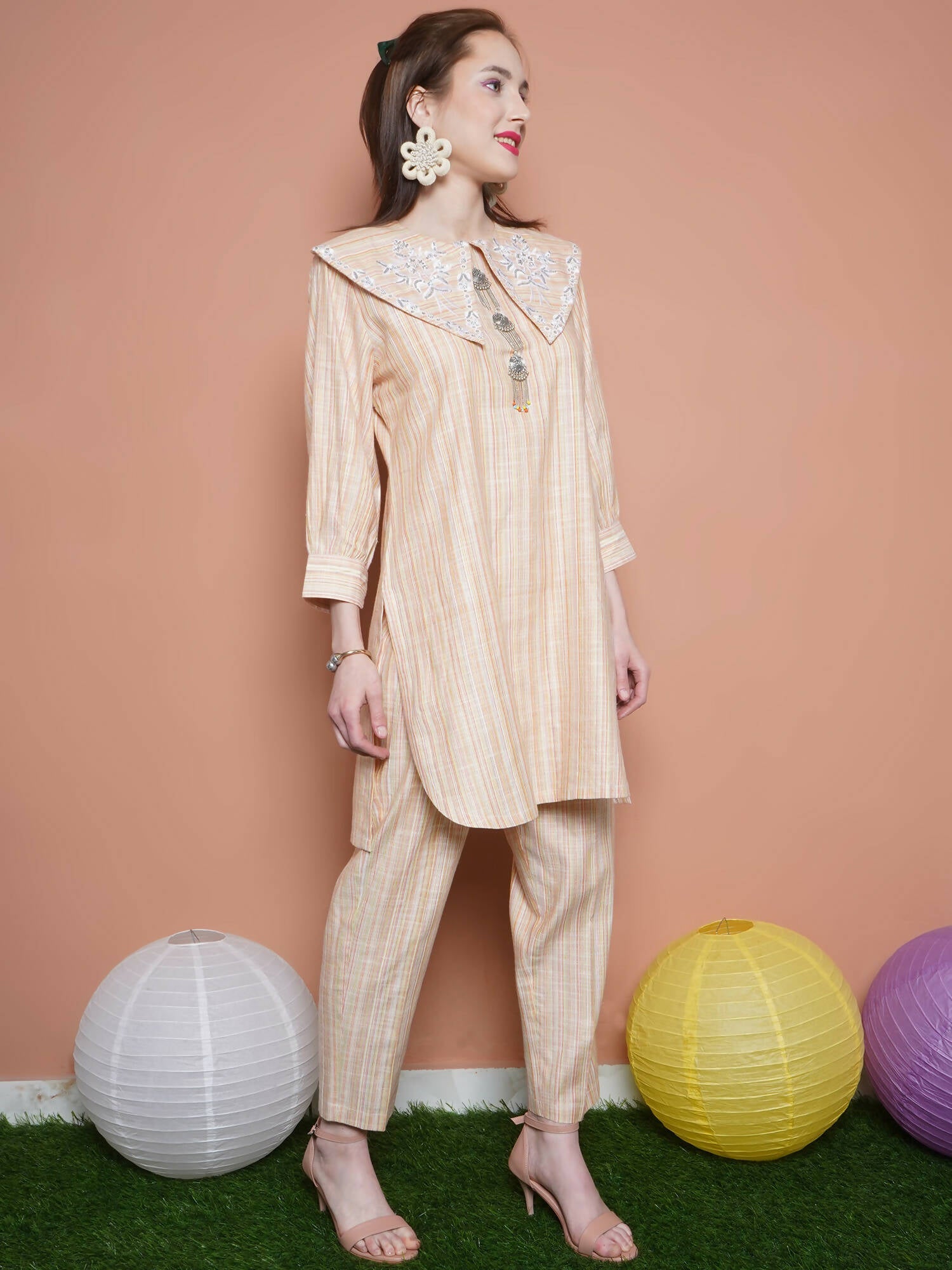 Women Republic Beige Striped Kurta Set | Grocsy