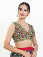 Joban Fashion Green Multi Georgette Padded Blouse With V Neck Sleeveless | Grocsy