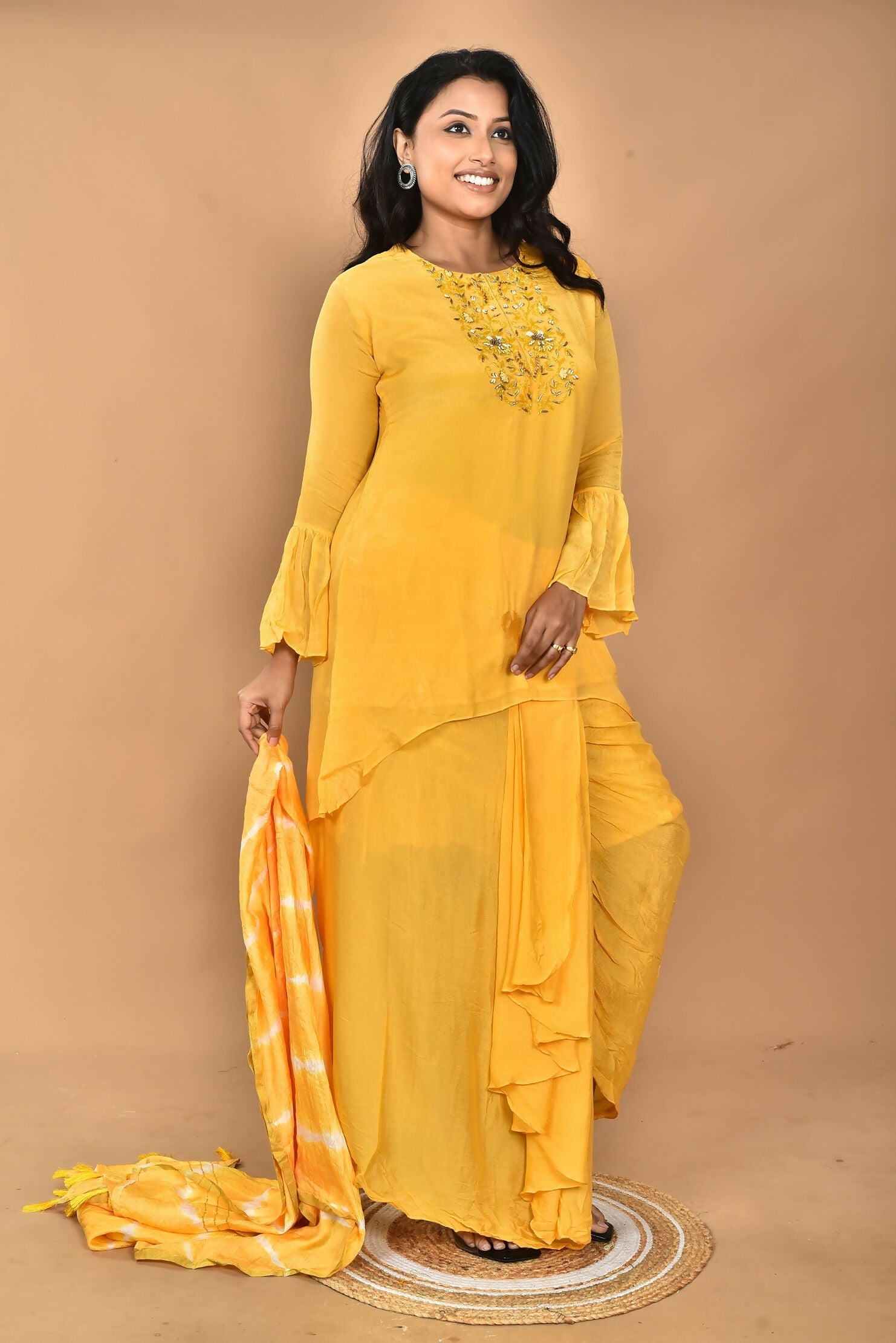 Morchari Women And Hand Embroidery Palazzo Set-Yellow | Grocsy