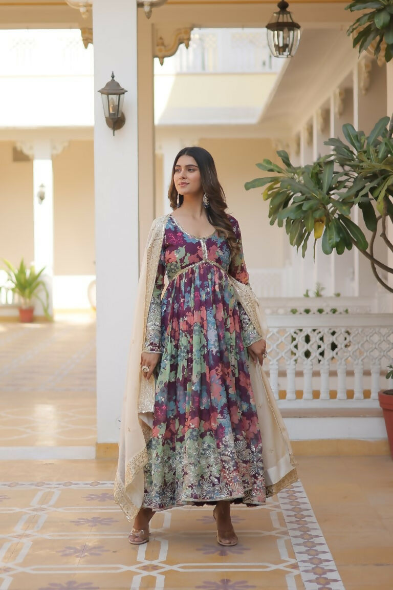 Jyoti Fashion Women's Wine Russian Silk Sequins Zari Embroideredy Anarkali Dress with Dupatta | Grocsy