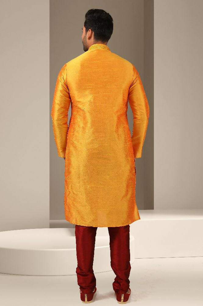 Raivat Ethnic Banarasi Art Silk Mirror Work Kurta Pajama In Mustard Colour | Grocsy