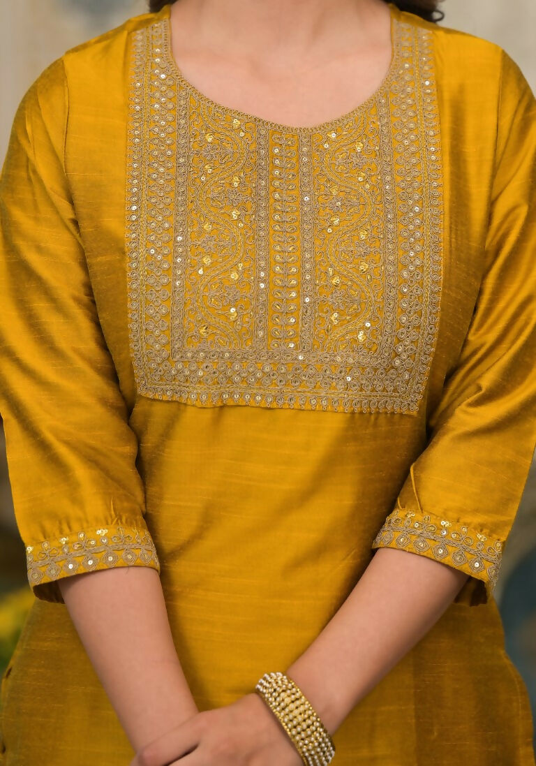 Partywear Designer Musted Yellow Poly Silk fabric Stitched Suit With Dupatta - Tanisha | Grocsy