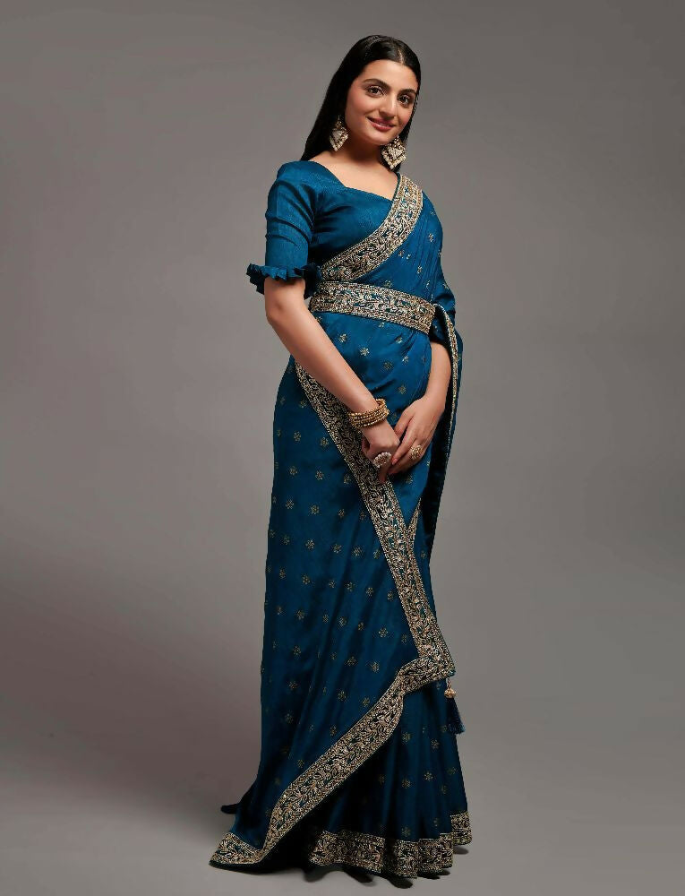 PR Fashion Petrol Chinon Embroidery Lace Saree | Grocsy