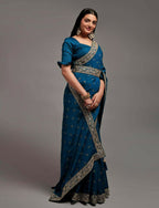 PR Fashion Petrol Chinon Embroidery Lace Saree | Grocsy