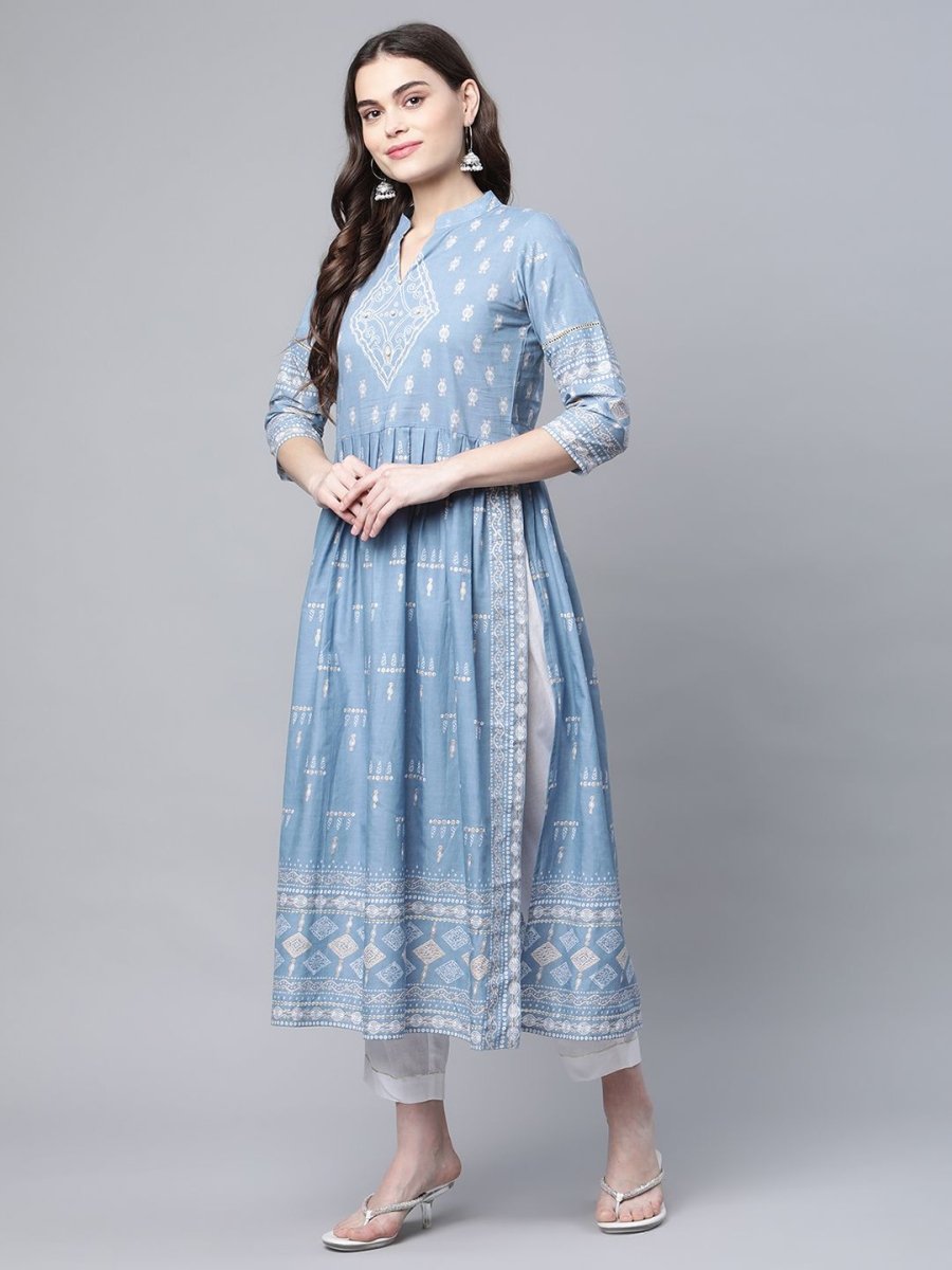 Ahalyaa Women Pastel Blue Pure Cotton Printed Kurta Pant Set With Dupatta | Grocsy