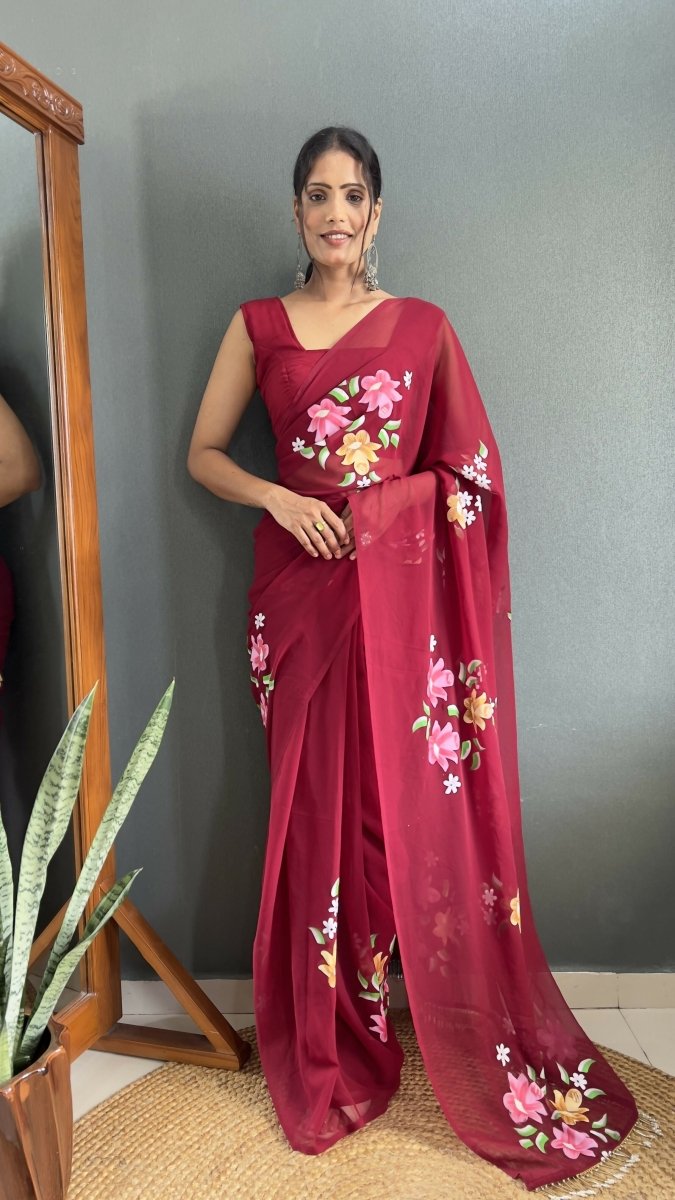 Aayaa Designer 1 min Hand Painted Ready to Wear saree - Maroon | Grocsy