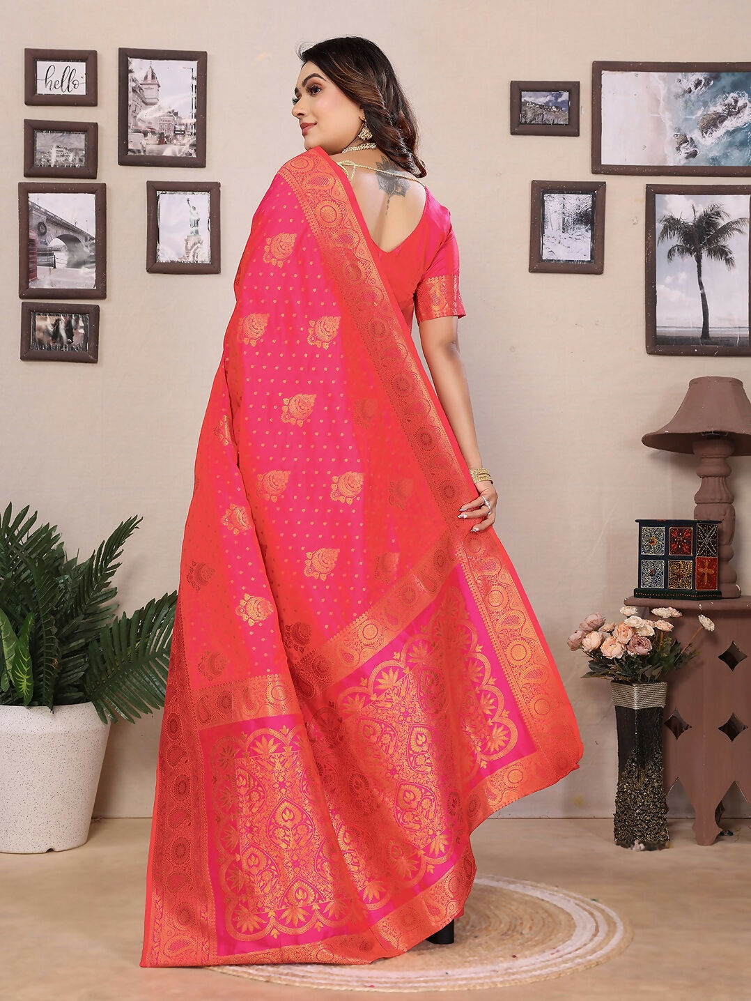 Joban Fashion Banarasi Pink Woven Soft Silk Saree | Grocsy