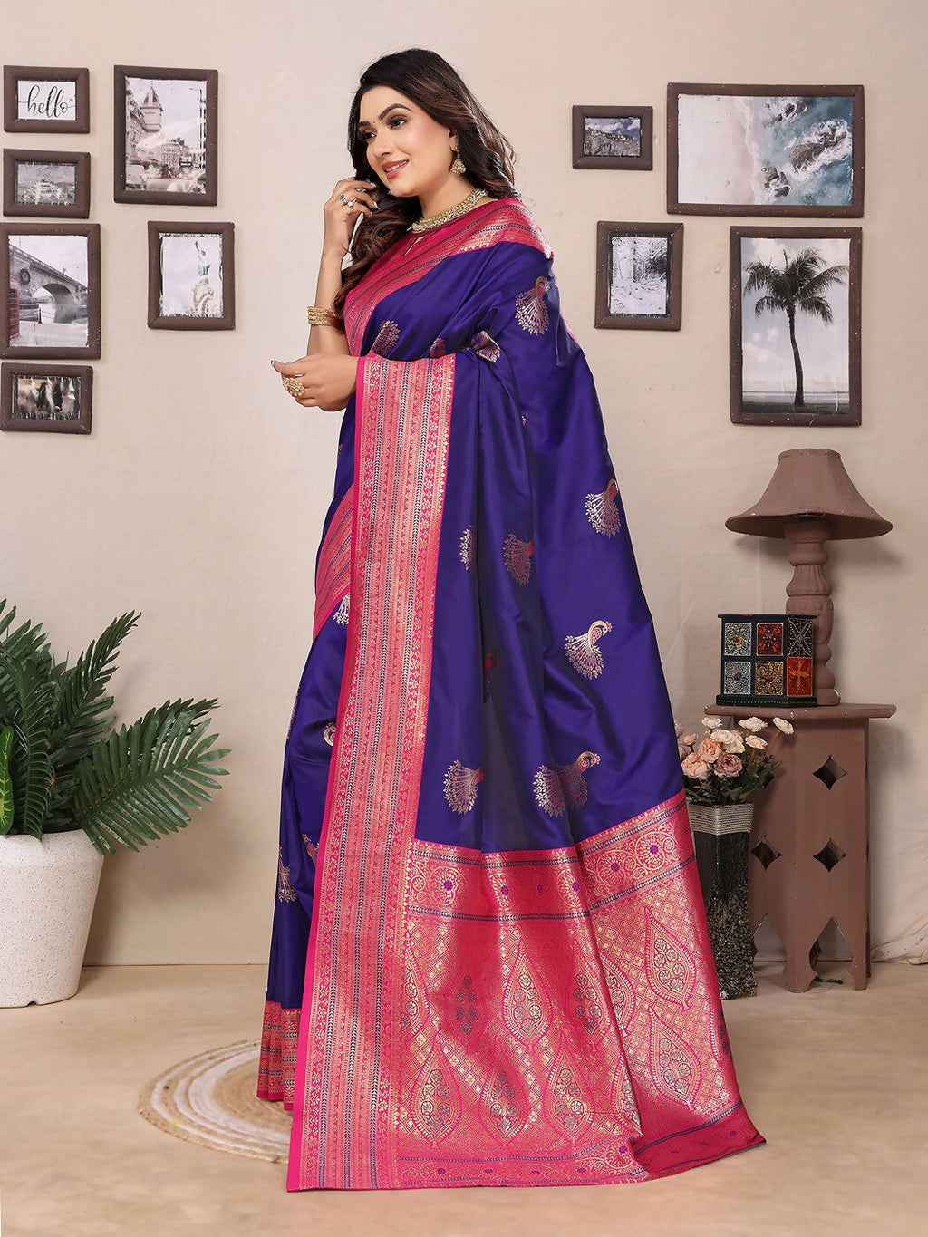 Joban Fashion Banarasi Purple Small Butti Soft Silk Saree | Grocsy
