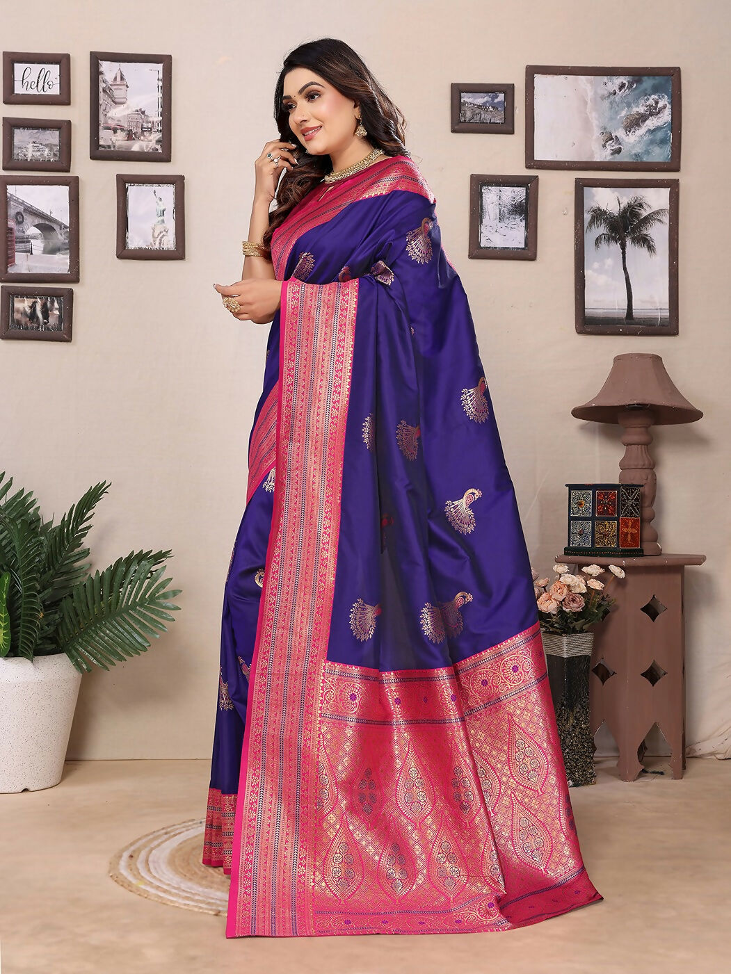 Joban Fashion Banarasi Purple Small Butti Soft Silk Saree | Grocsy