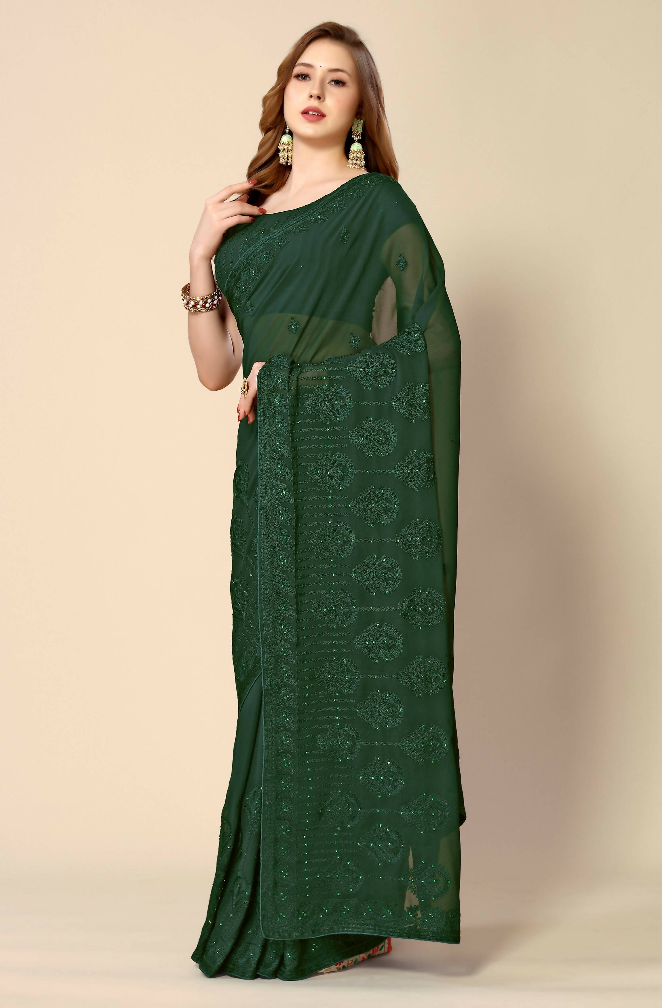 Green Georgette Embroidered and Stone Work Saree with Unstitched Blouse Piece - Roozal | Grocsy