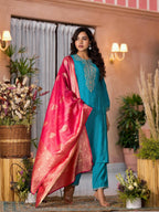 Juniper Women's Turquoise Zari Embroidered Viscose Kurta Pant And Dupatta Set With Lace & Mirror Work | Grocsy