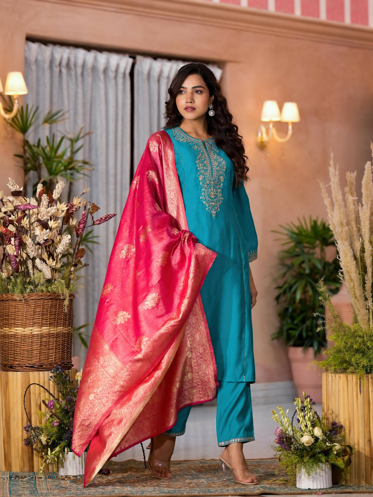 Juniper Women's Turquoise Zari Embroidered Viscose Kurta Pant And Dupatta Set With Lace & Mirror Work | Grocsy