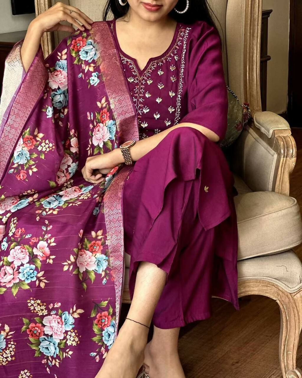 The52 Wine Women's Gorgeous Embroidered Rayon Fabric Straight Kurta Pant with Dupatta Set | Grocsy