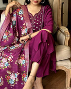 The52 Wine Women's Gorgeous Embroidered Rayon Fabric Straight Kurta Pant with Dupatta Set | Grocsy