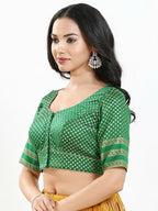 Joban Fashion Green Brocade Padded Blouse With Round Neck Elbow Sleeves | Grocsy