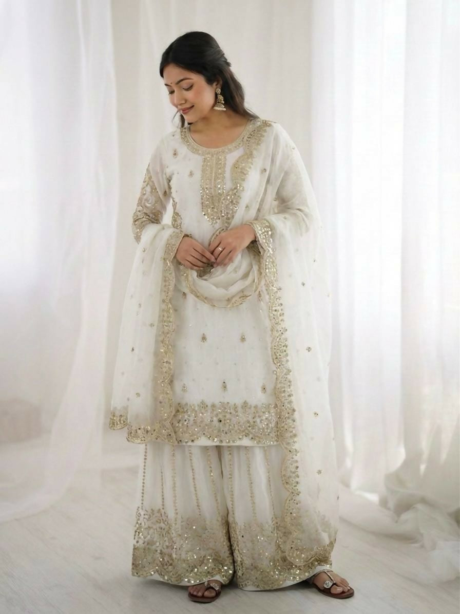 Teeya Creation White Color Fendy Silk Embroidery Work Wedding Wear Salwar Suit | Grocsy