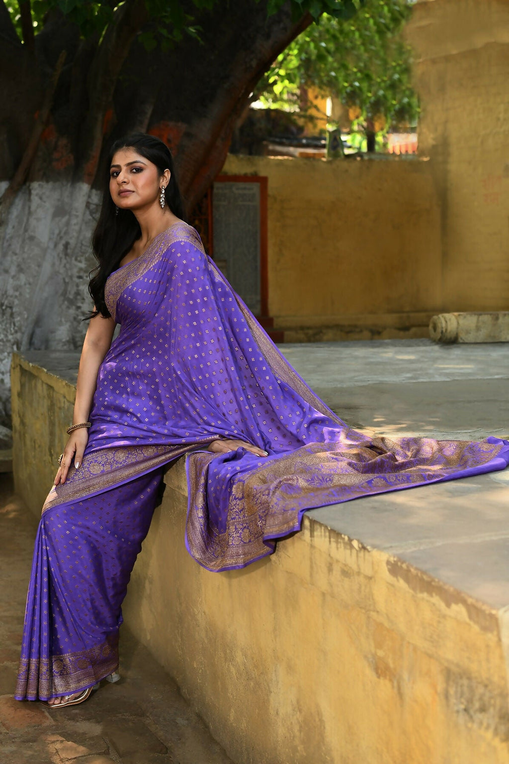 Joban Fashion Lavender Crepe Chiffon Pure Handloom Banarasi Silk Saree | Grocsy