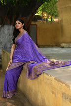 Joban Fashion Lavender Crepe Chiffon Pure Handloom Banarasi Silk Saree | Grocsy