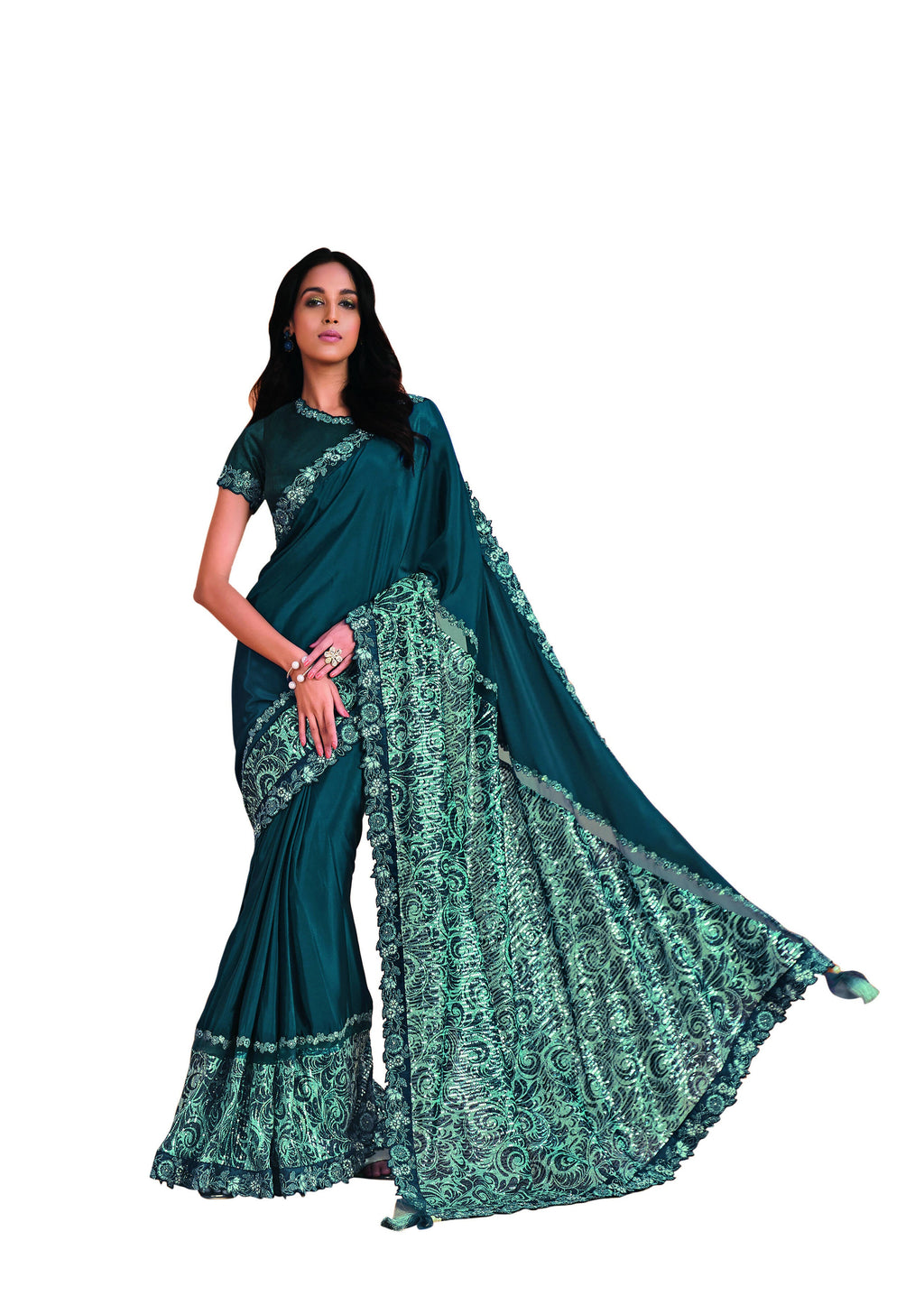 Teal Satin Crepe Silk Sequence Embroidered Saree With Unstitched Blouse - Mohmanthan Yavanika | Grocsy