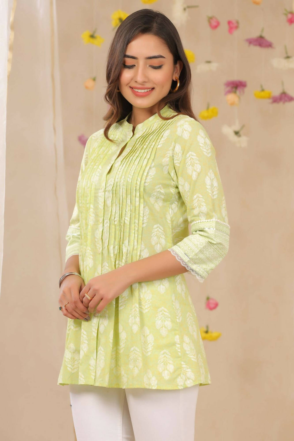 Juniper Women Limegreen Cambric Printed A-Line Tunic | Grocsy
