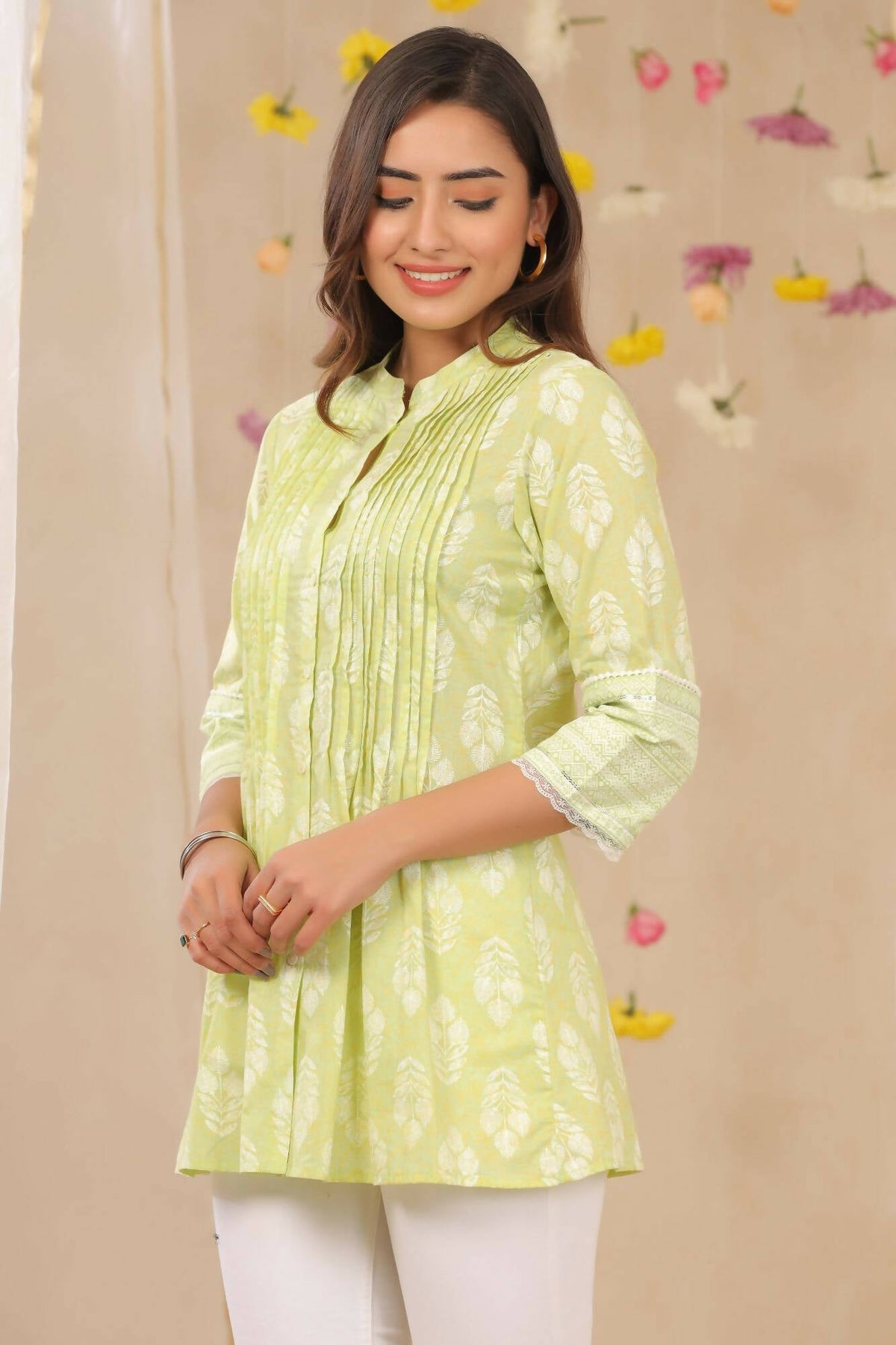 Juniper Women Limegreen Cambric Printed A-Line Tunic | Grocsy