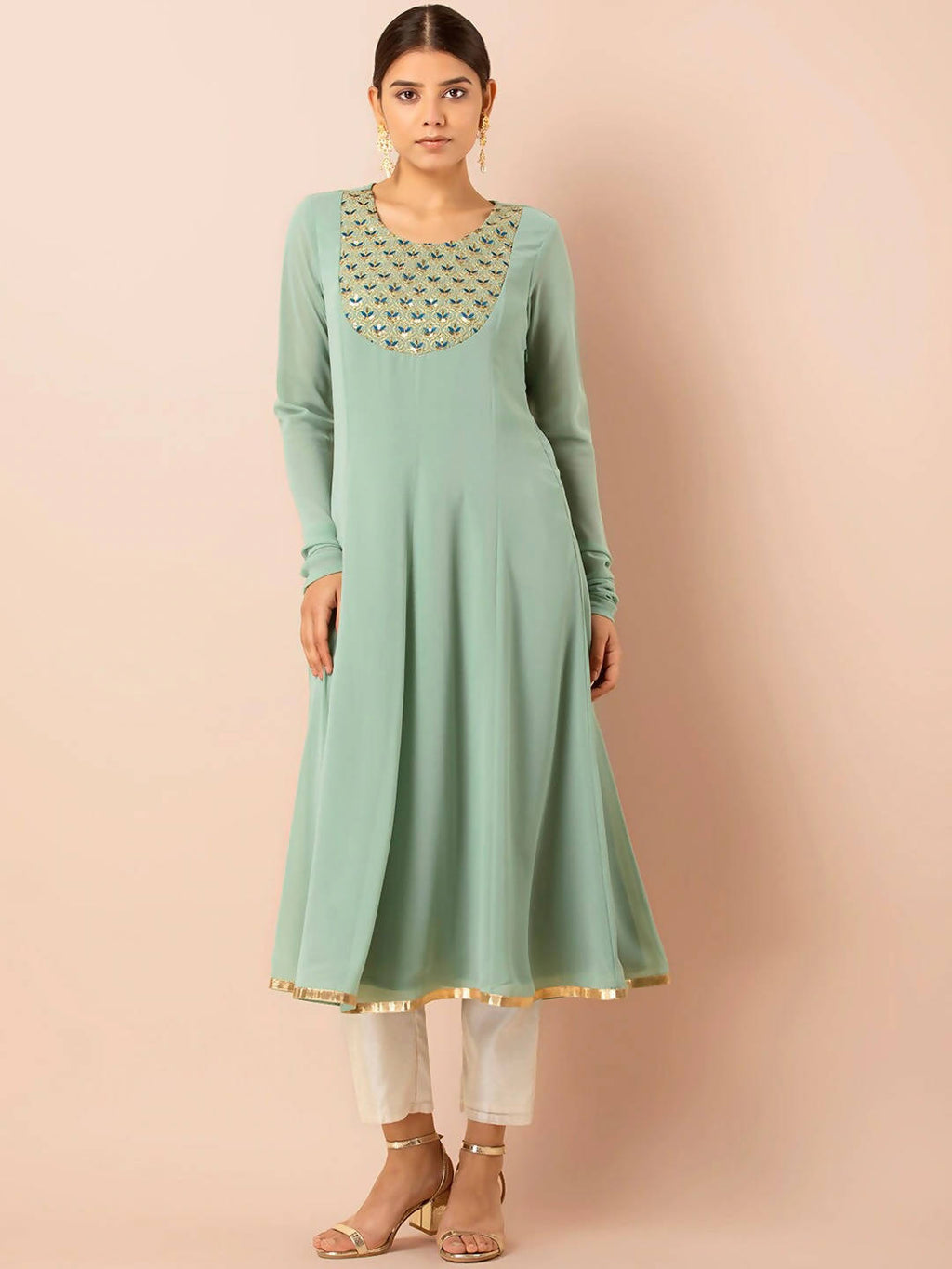 Indya Green Embroidered A-Line Kurta | Grocsy