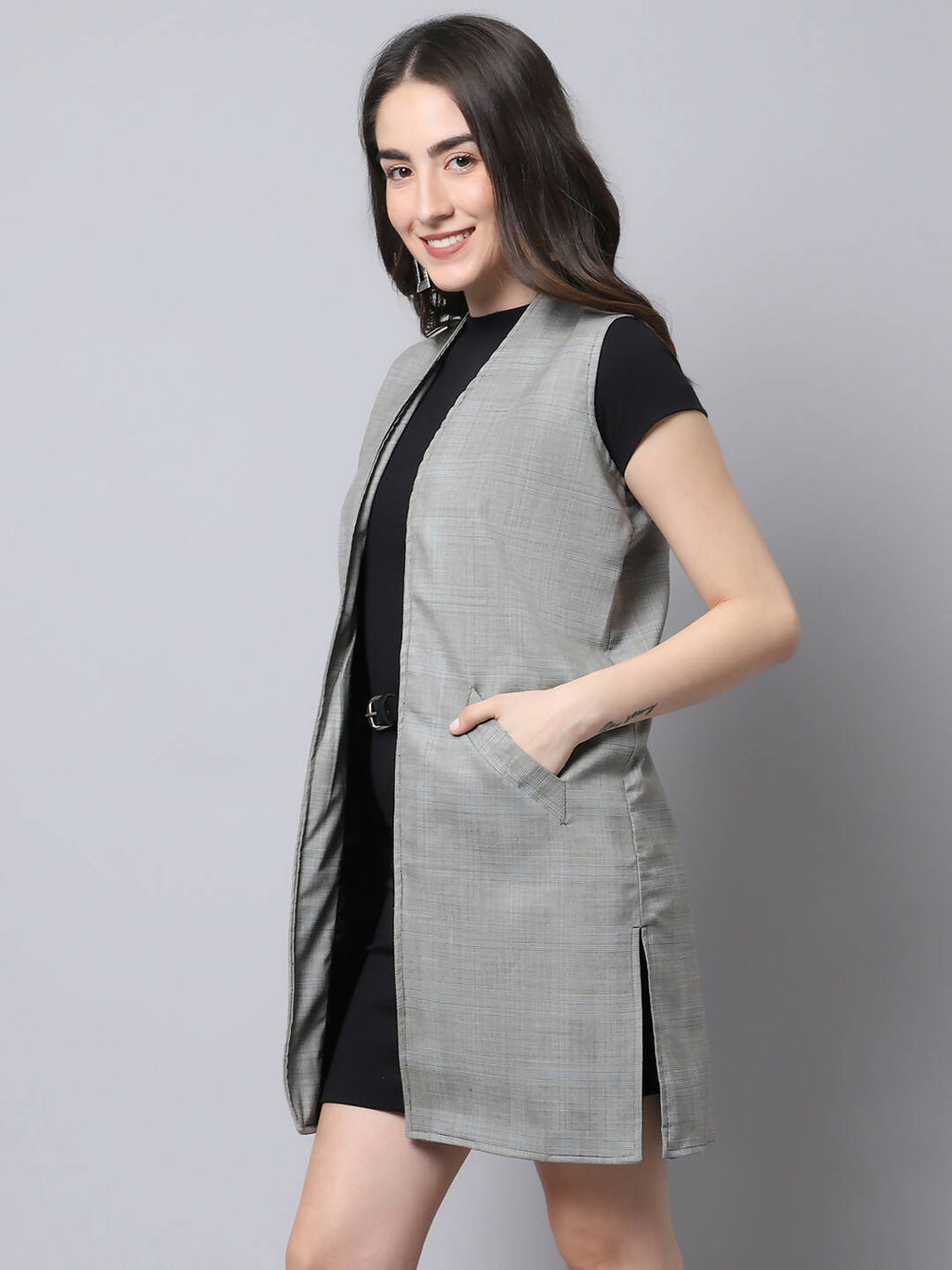 Even Apparels Grey Polywool Open Front Checked Women's Long Coat | Grocsy