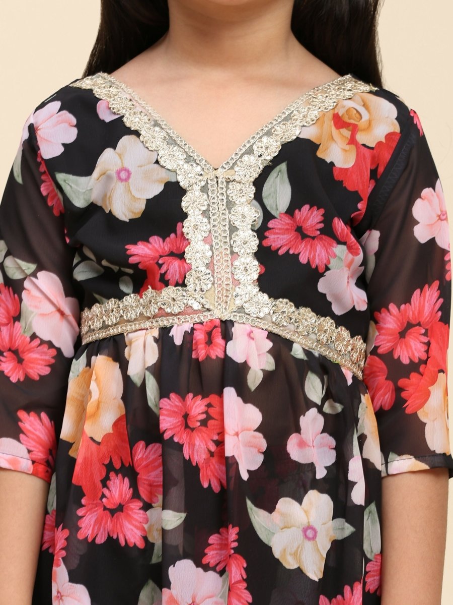 Alakhi Studio Girls Floral Georgette Printed V-Neck Kurta With Sharara - Black | Grocsy