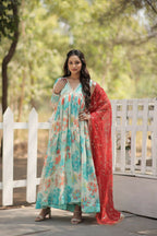 Vastranavya Digital Printed Russian silk & Stitch Canvas Patta Gown with Dupatta - Sky Blue | Grocsy