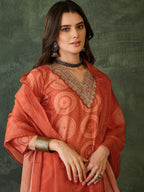 The52 Women's Gorgeous Rayon Embroidery Straight Kurta with Pant And Dupatta Set-Orange | Grocsy