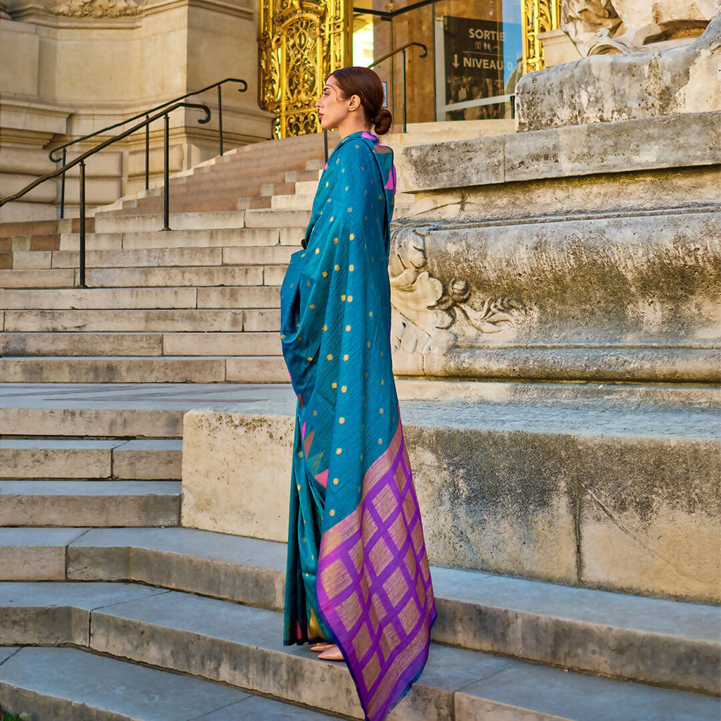 Navy Blue Handloom Khaddi Silk Saree With Contrast Pallu & Blouse - Rajtex Khwaab Silk | Grocsy