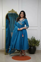 The52 Petrol Women's Beautiful Parampara Fabric Embroidered Work Flared Kurta Pant and Dupatta Set | Grocsy