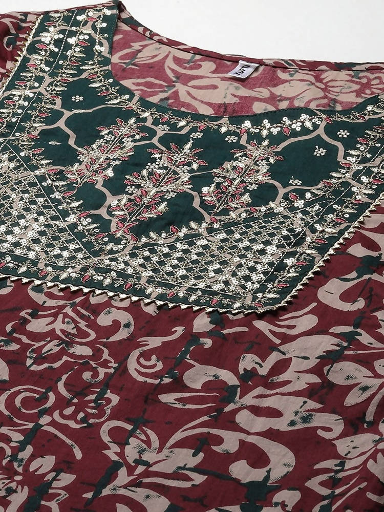 Yufta Women Mauve & Green Ethnic Motifs Printed Sequined Cotton Kurta Set & Dupatta | Grocsy