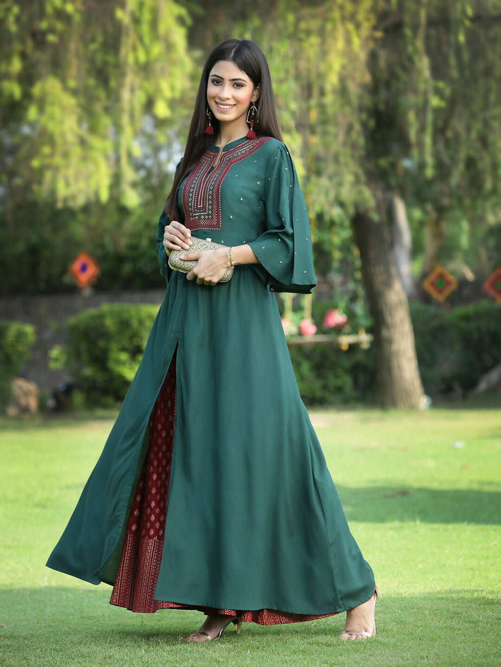Juniper Jade Green Ethnic Motif Printed Rayon High-Slit Kurta & Palazzo Set With Thread Work Embroidery | Grocsy