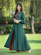 Juniper Jade Green Ethnic Motif Printed Rayon High-Slit Kurta & Palazzo Set With Thread Work Embroidery | Grocsy