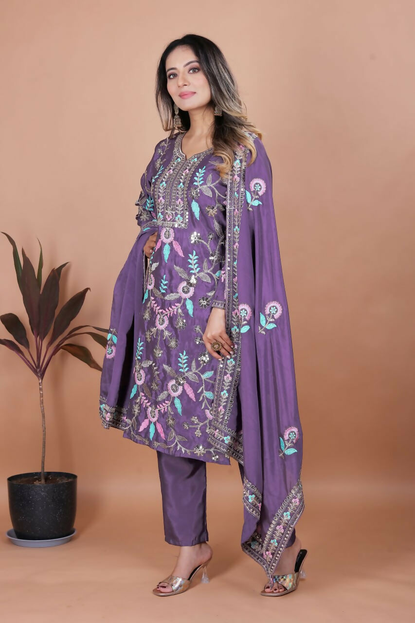 Teeya Creation Lavender Chinon Embroidery Work Party Wear Salwar Suit | Grocsy
