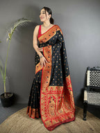 Joban Fashion Black Intricate Motifs Soft Silk Banarasi Saree | Grocsy