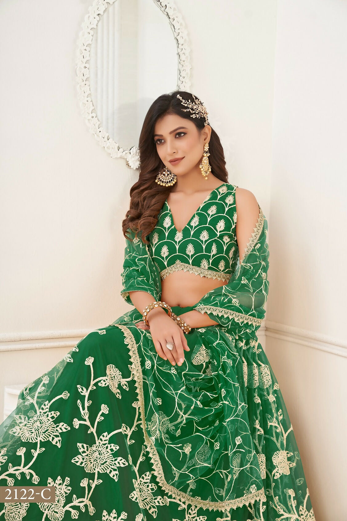 Eilara Women'S Green Butterfly Net With Sequins And Embroidery Work Lehenga Choli For Wedding | Grocsy