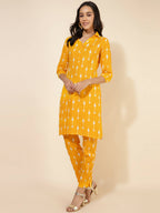 Janasya Women's Yellow Cotton Ikkat Printed Casual Straight Co-ords | Grocsy