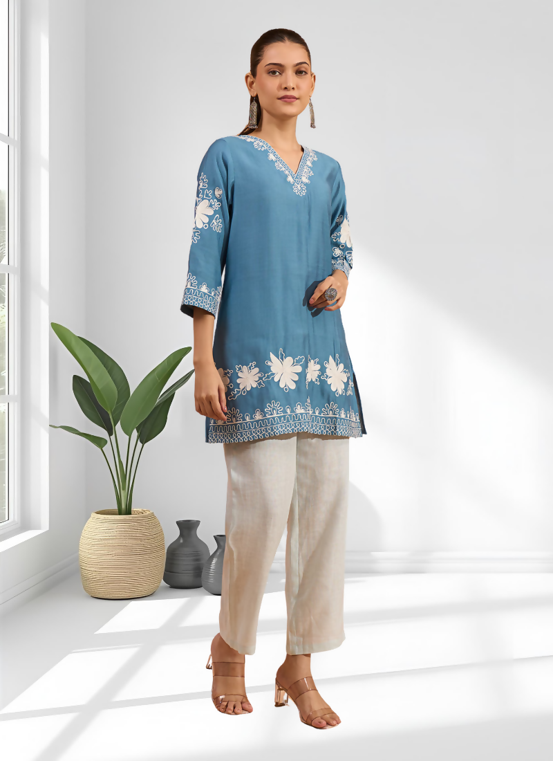 Joban Fashion Teal Silk Embroidered Readymade Tunic | Grocsy