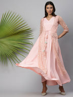 Ahalyaa Women Pink Crepe & Net Foil Print Dress | Grocsy