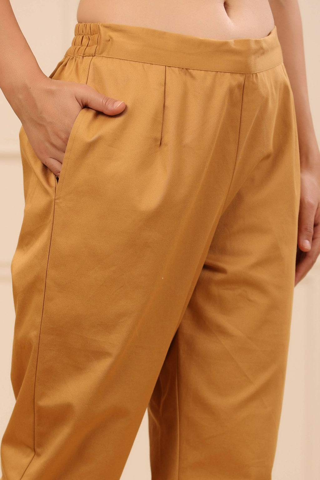 Juniper Women's Gold Cotton Twill Lycra Solid Straight Pant | Grocsy